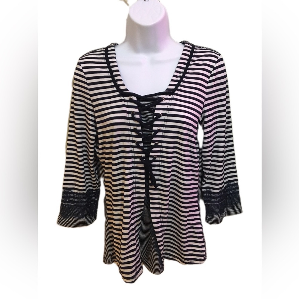 Blue and White Fitted Blouse with Sailor Collar and Tie Front